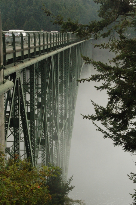 a bridge is lost in the fog, Deception Pass, Washington